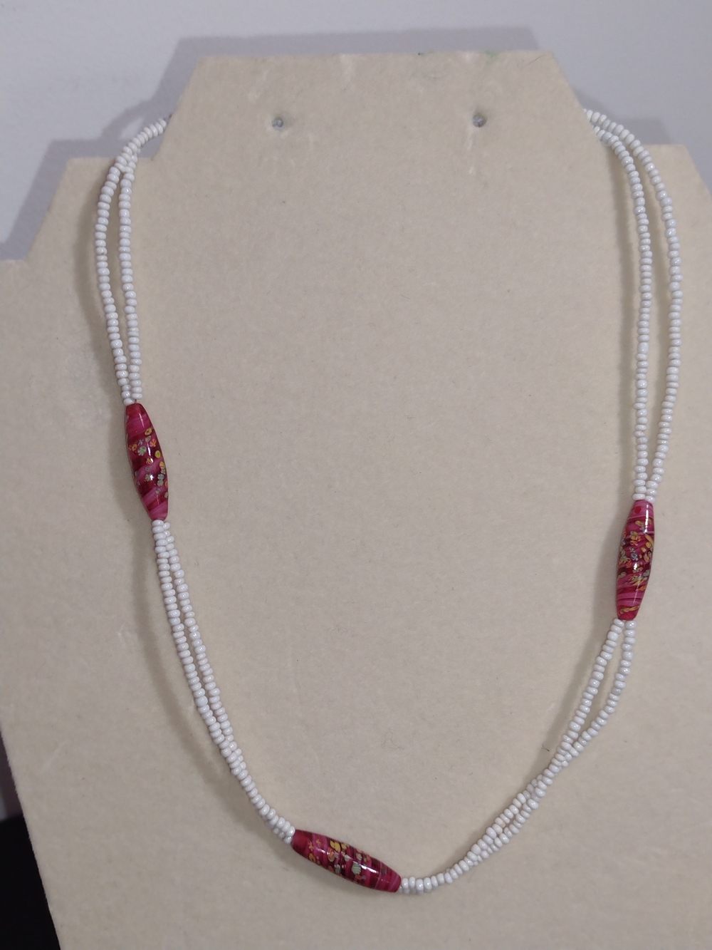 White Seed Bead Necklace with Pink Accent Beads